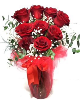 9 kırmızı gül vazo