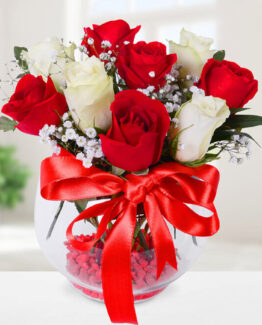 5 kırmızı gül 4 beyaz gül fanus