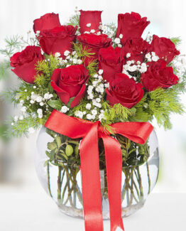 12 kırmızı gül fanus