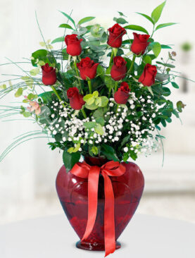 9 kırmızı gül kalp vazo