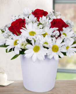 3 kırmızı gül beyaz papatya seramik