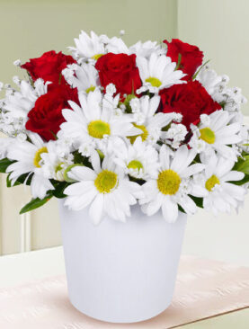 5 kırmızı gül beyaz papatya seramik