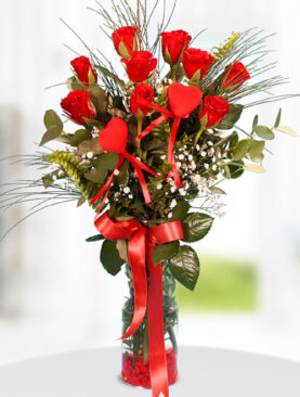 9 kırmızı gül vazo kalp süs